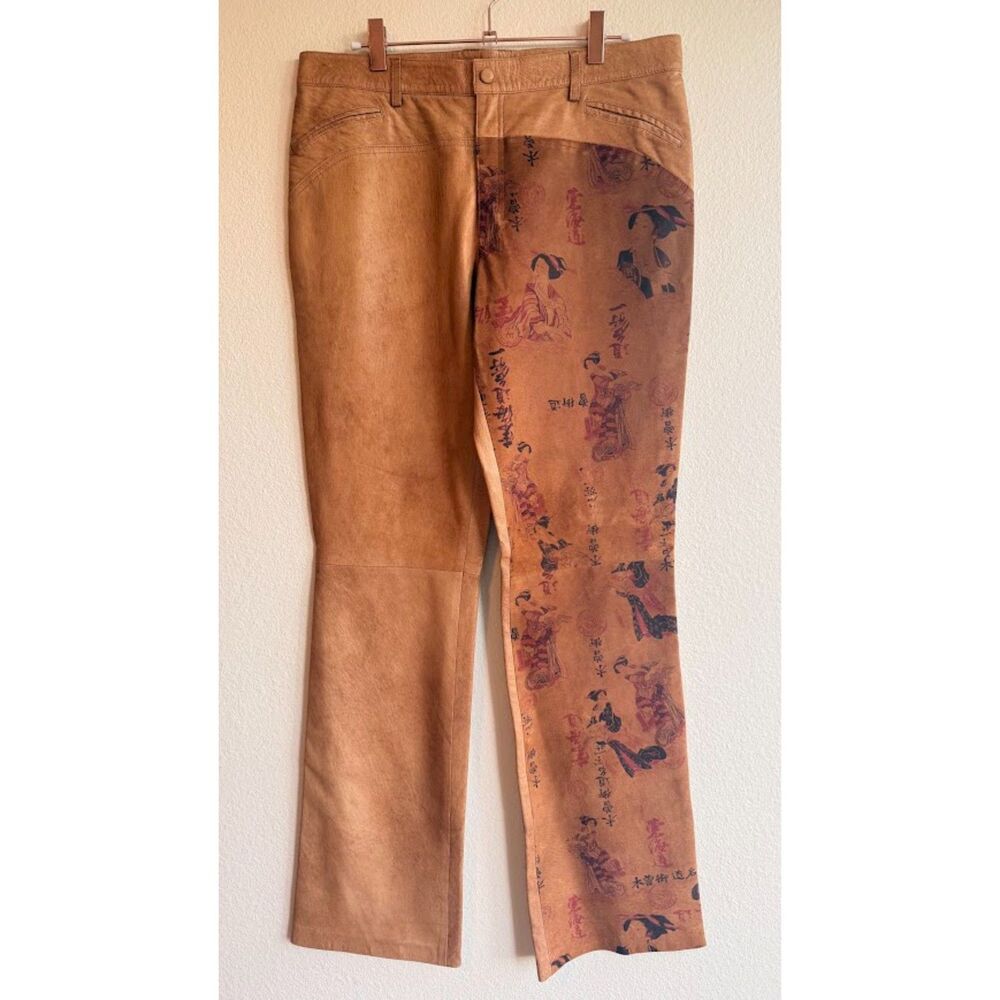 Vintage Isabel USA Genuine Leather Pants with Geisha Print Nubuck in Tan size 8
